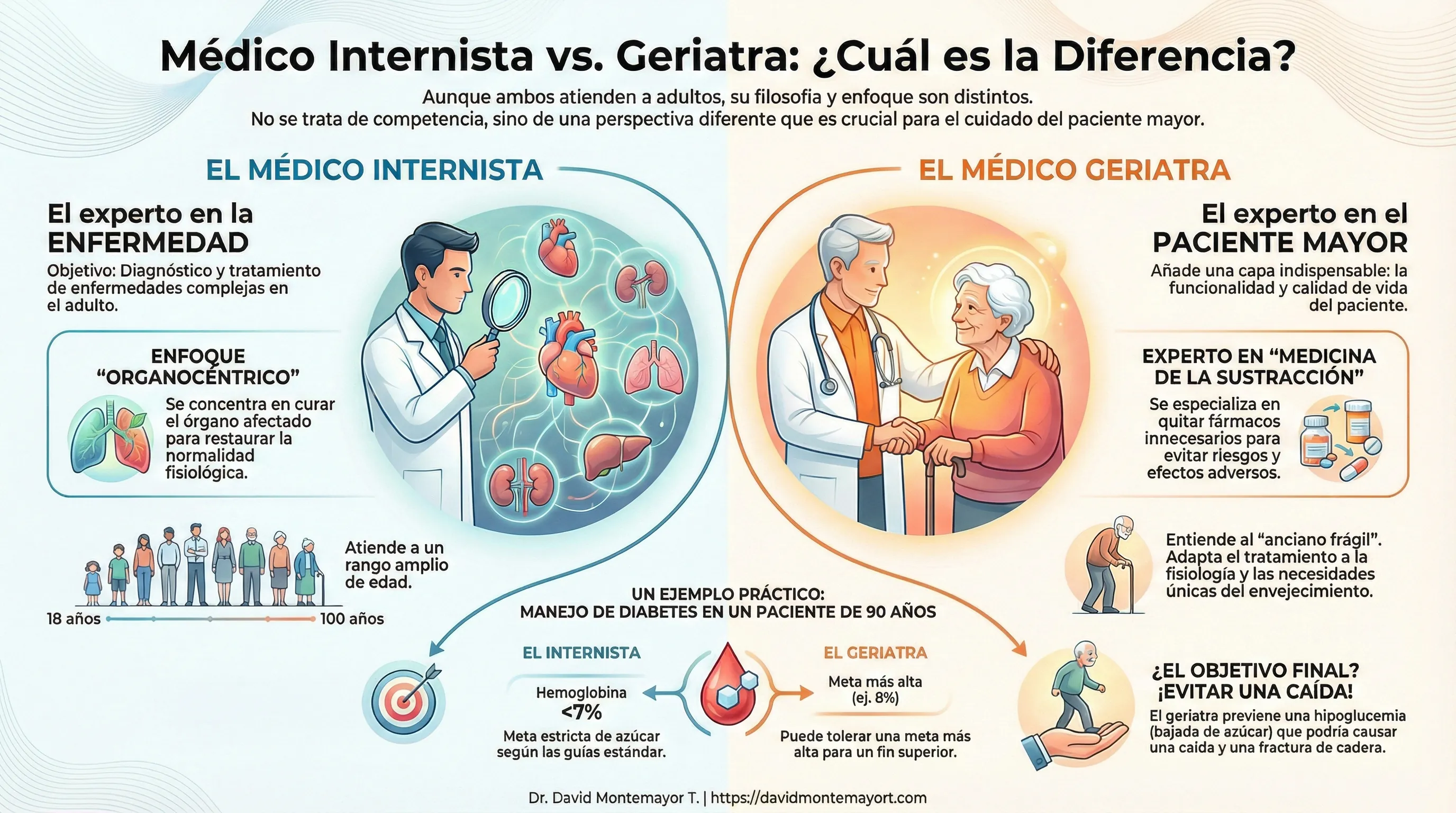 Infográfico: Médico Internista vs. Geriatra - ¿Cuál es la Diferencia? Comparativa visual que muestra dos filosofías médicas distintas. El Médico Internista es el experto en la ENFERMEDAD con enfoque organocéntrico (diagnosticar y curar el órgano afectado para restaurar normalidad fisiológica), atiende adultos de 18 a 100 años. El Médico Geriatra es el experto en el PACIENTE MAYOR, añade la funcionalidad y calidad de vida, experto en medicina de la sustracción (especializado en quitar fármacos innecesarios para evitar riesgos), entiende al anciano frágil y adapta tratamiento a fisiología y necesidades únicas del envejecimiento. Incluye ejemplo práctico de manejo de diabetes en paciente de 90 años: internista busca hemoglobina <7% (meta estricta), geriatra tolera 8% para evitar hipoglucemias que causarían caídas y fracturas de cadera
